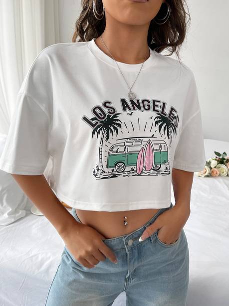 Aahwan Women Solid, Printed Round Neck Cotton Blend White T-Shirt