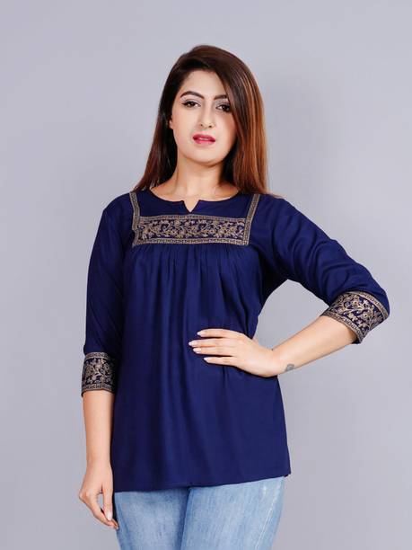 Casual Regular Sleeves Embroidered Women Dark Blue Top