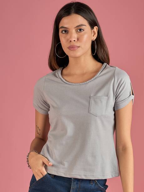 Casual Roll Up Sleeves Solid Women Grey Top