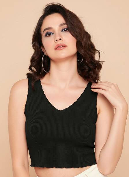 METRONAUT Casual Self Design Women Black Top