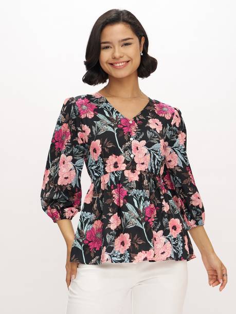 AASK Casual Puff Sleeves Floral Print Women Multicolor Top