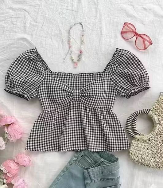 Casual Puff Sleeves Striped Women Multicolor Top