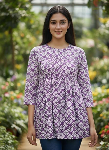 Casual Regular Sleeves Printed, Geometric Print, Ethnic Motifs Women Purple, White Top