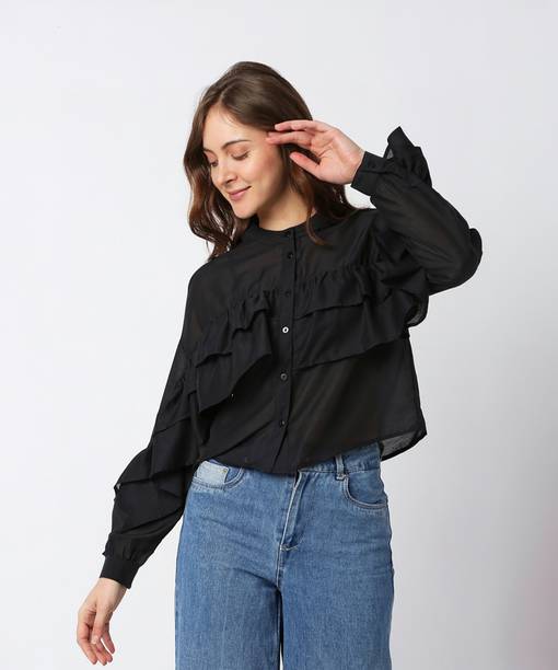 Casual Cuffed Sleeves Solid Women Black Top