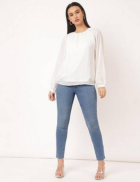 Casual Bishop Sleeve Embroidered, Self Design Women White Top
