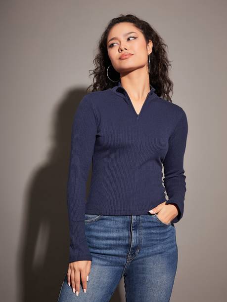 Casual Regular Sleeves Solid Women Dark Blue Top