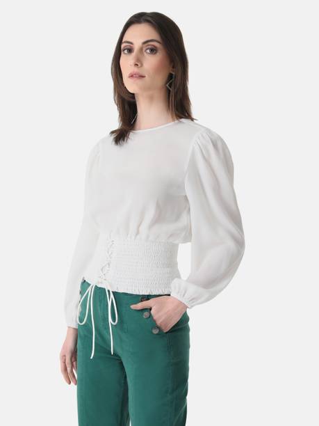 Party Puff Sleeves Solid Women White Top