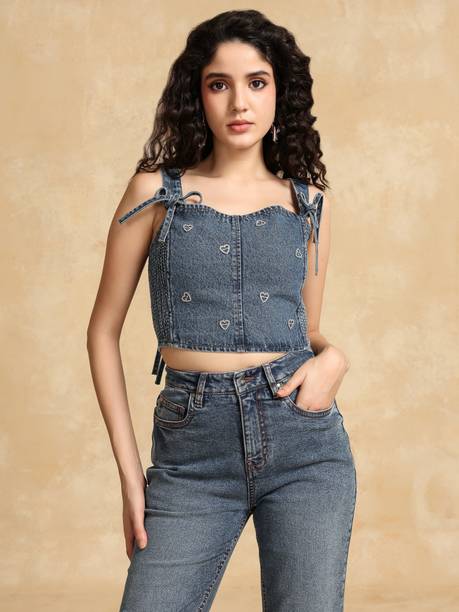 Party Sleeveless Embellished Women Blue Top