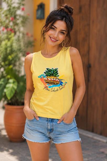 Casual Sleeveless Printed, Graphic Print Women Yellow Top