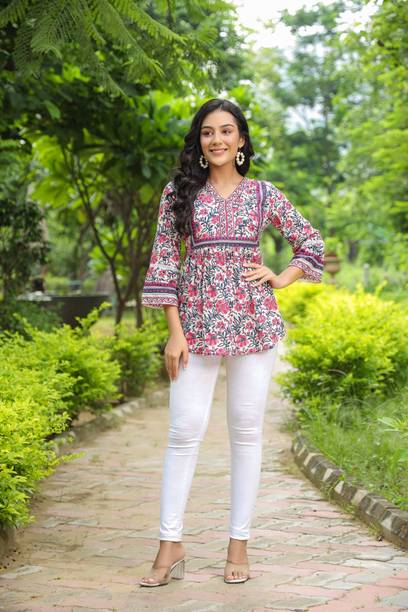 Casual Regular Sleeves Floral Print Women Pink, White Top