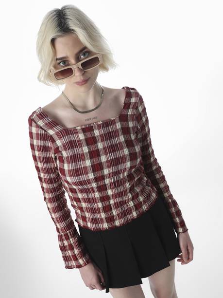 Casual Regular Sleeves Checkered Women Maroon Top
