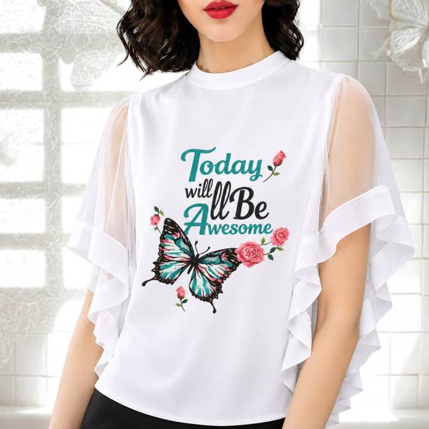 keshuyoka Casual Graphic Print, Floral Print, Printed Women White Top
