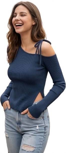 Casual One Shoulder Sleeves Self Design Women Dark Blue Top