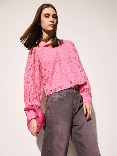 Casual Puff Sleeves Self Design Women Pink Top