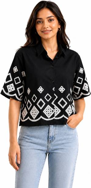 Casual Regular Sleeves Embroidered Women Black Top