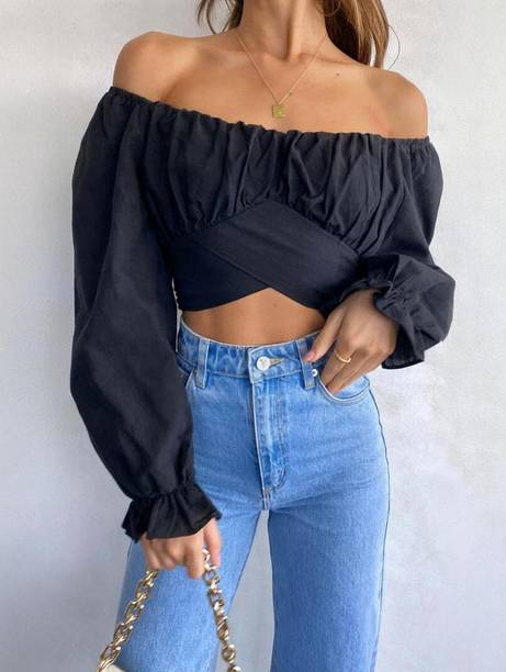 Casual Cuffed Sleeves Self Design Women Black Top
