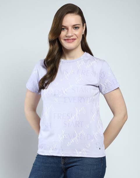 Women Printed Round Neck Cotton Blend Purple T-Shirt