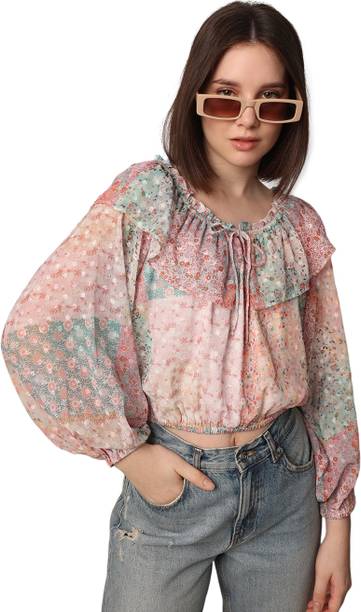 Casual Puff Sleeves Printed Women Pink Top