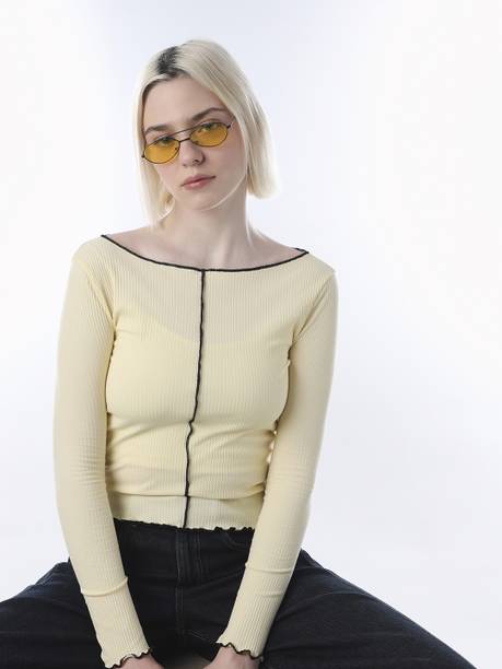 Casual Regular Sleeves Self Design Women Yellow Top