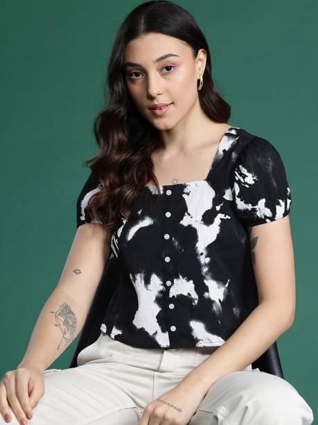 Casual Puff Sleeves Printed Women Black Top