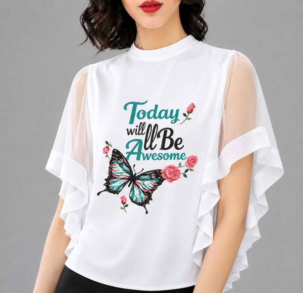 keshuyoka Casual Printed, Graphic Print, Solid Women White Top