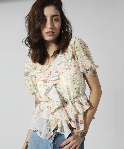 Casual Puff Sleeves Printed Women Multicolor Top