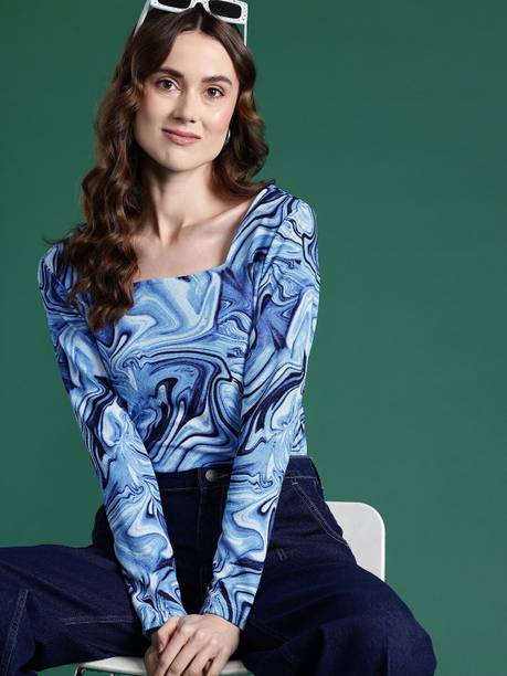 Casual Regular Sleeves Printed Women Blue Top