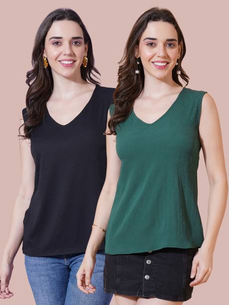 Parona Casual Solid Women Black, Green Top