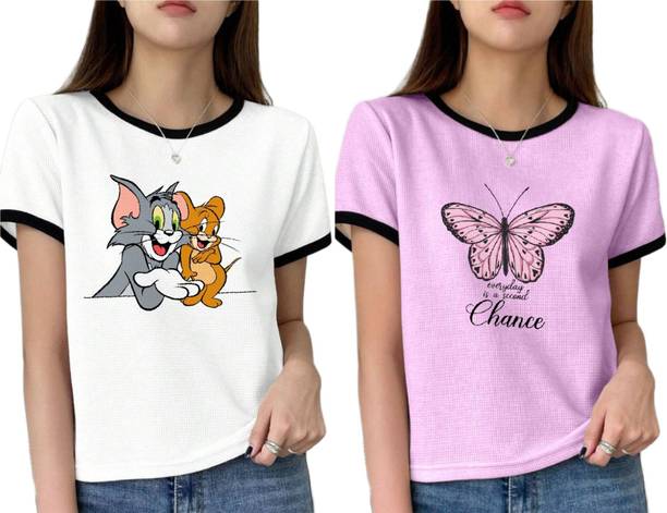 RARE ROBA Pack of 2 Women Printed Round Neck Cotton Blend White, Purple T-Shirt