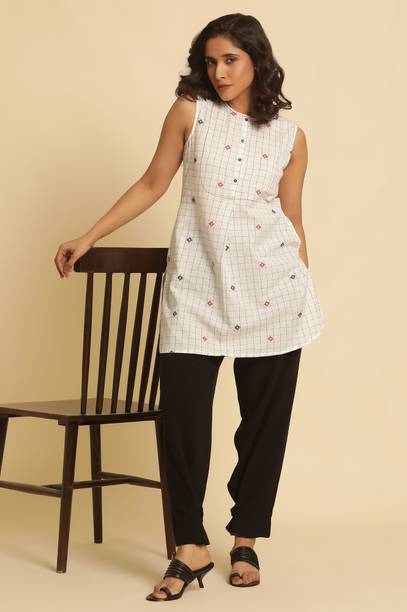 Casual Sleeveless Checkered Women White Top