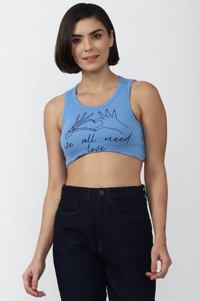Casual Sleeveless Graphic Print Women Blue Top