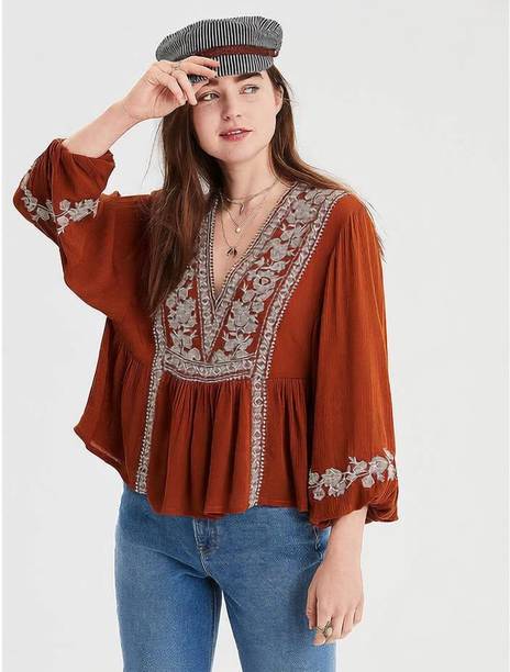Party Regular Sleeves Embroidered Women Brown Top