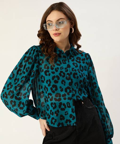 Casual Cuffed Sleeves Printed Women Blue, Black Top