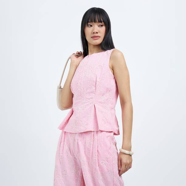 Casual Regular Sleeves Embroidered Women Pink Top