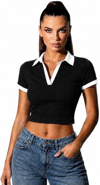 KAISH Casual Solid Women Black, White Top