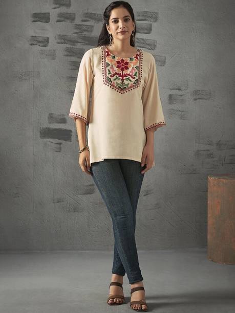 Casual Regular Sleeves Embroidered Women Beige Top