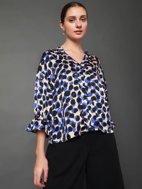 Casual Balloon Sleeve Graphic Print Women Beige, Blue, Black Top