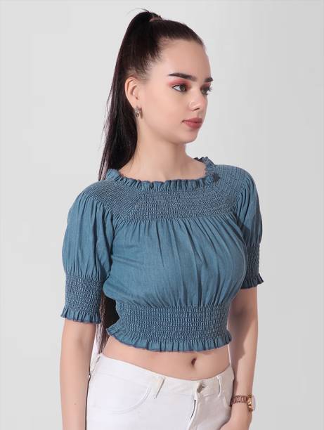 Casual Balloon Sleeve Self Design Women Blue Top
