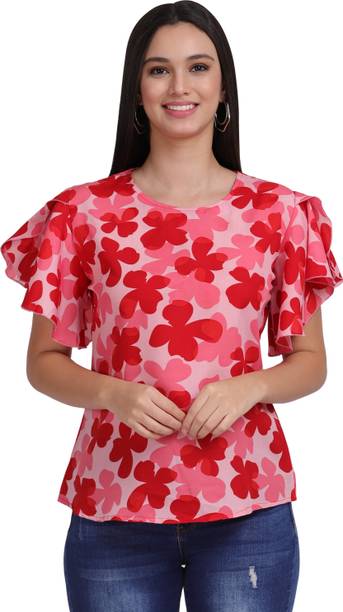 TopGenic Casual Floral Print Women Red Top