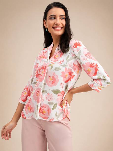 Casual Cuffed Sleeves Floral Print Women Pink Top