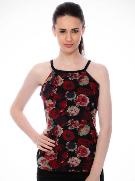 BAESD Casual Shoulder Straps Floral Print Women Black Top