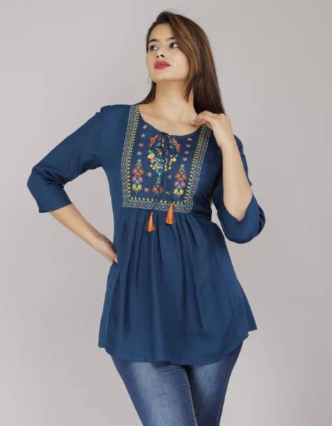 Party Regular Sleeves Embroidered Women Dark Blue Top Price in India
