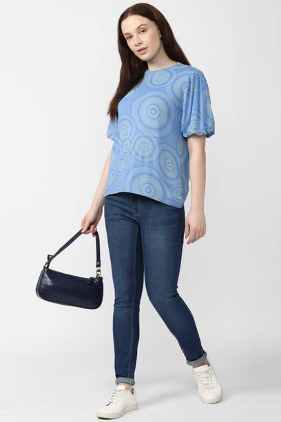 Casual Regular Sleeves Printed Women Light Blue, Grey Top