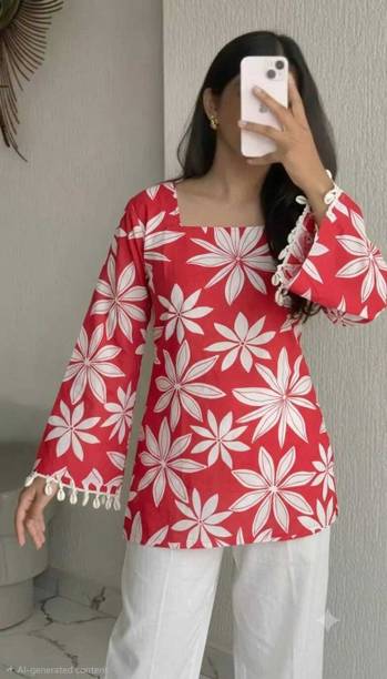 Casual Regular Sleeves Floral Print, Printed Women Red, White Top