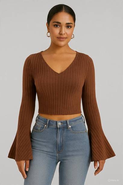 Casual Flared Sleeves Self Design Women Brown Top