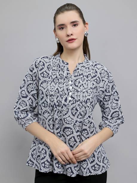 Casual Regular Sleeves Printed, Self Design Women Blue Top