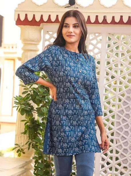 Casual Regular Sleeves Printed Women Dark Blue Top
