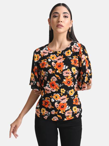 Casual Flutter Sleeves Printed Women Black Top