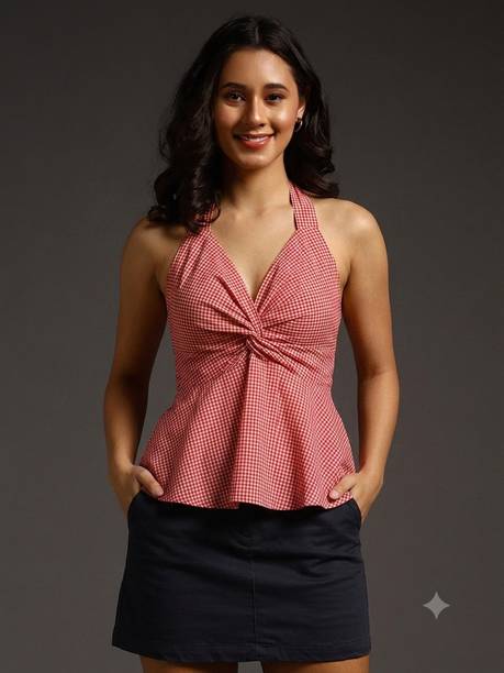 Casual Sleeveless Checkered Women Red Top