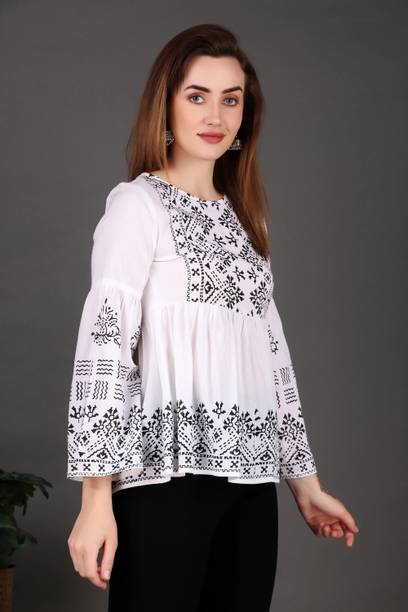 Casual Bell Sleeves Printed Women White Top
